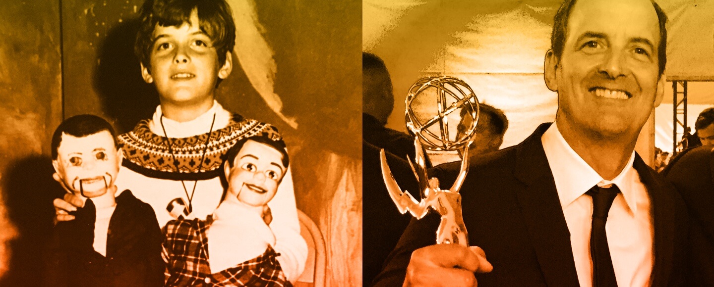 Jay Martel holding two ventriloquist dummies as a boy and Jay Martel holding an Emmy as a man